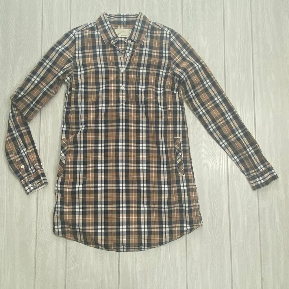 Trovata Anthropologie Marin Brown Plaid Cotton Shirt Dress Size Small